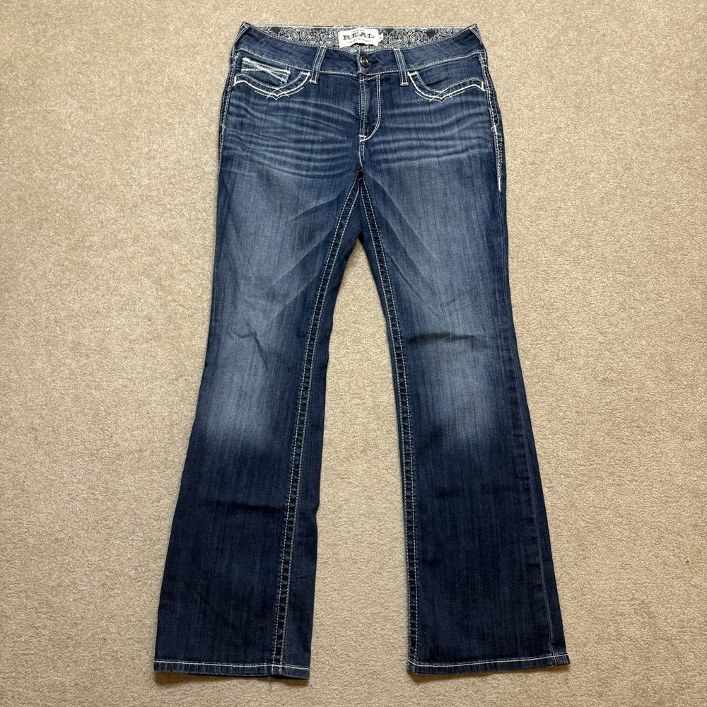 Ariat REAL Denim Jeans Womens 30R 32x34 Blue Mid Rise Bootcut Entwined Stretch